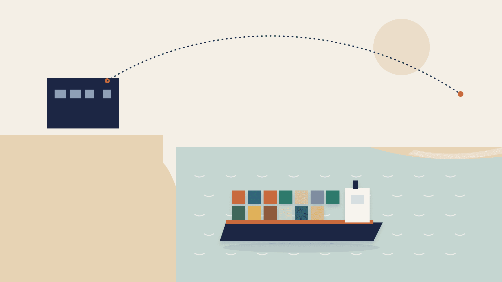 A container ship carrying goods along a dotted route from a factory towards a distant coastline
