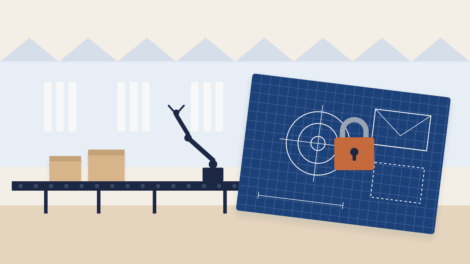 A locked blueprint resting on a quiet factory production line