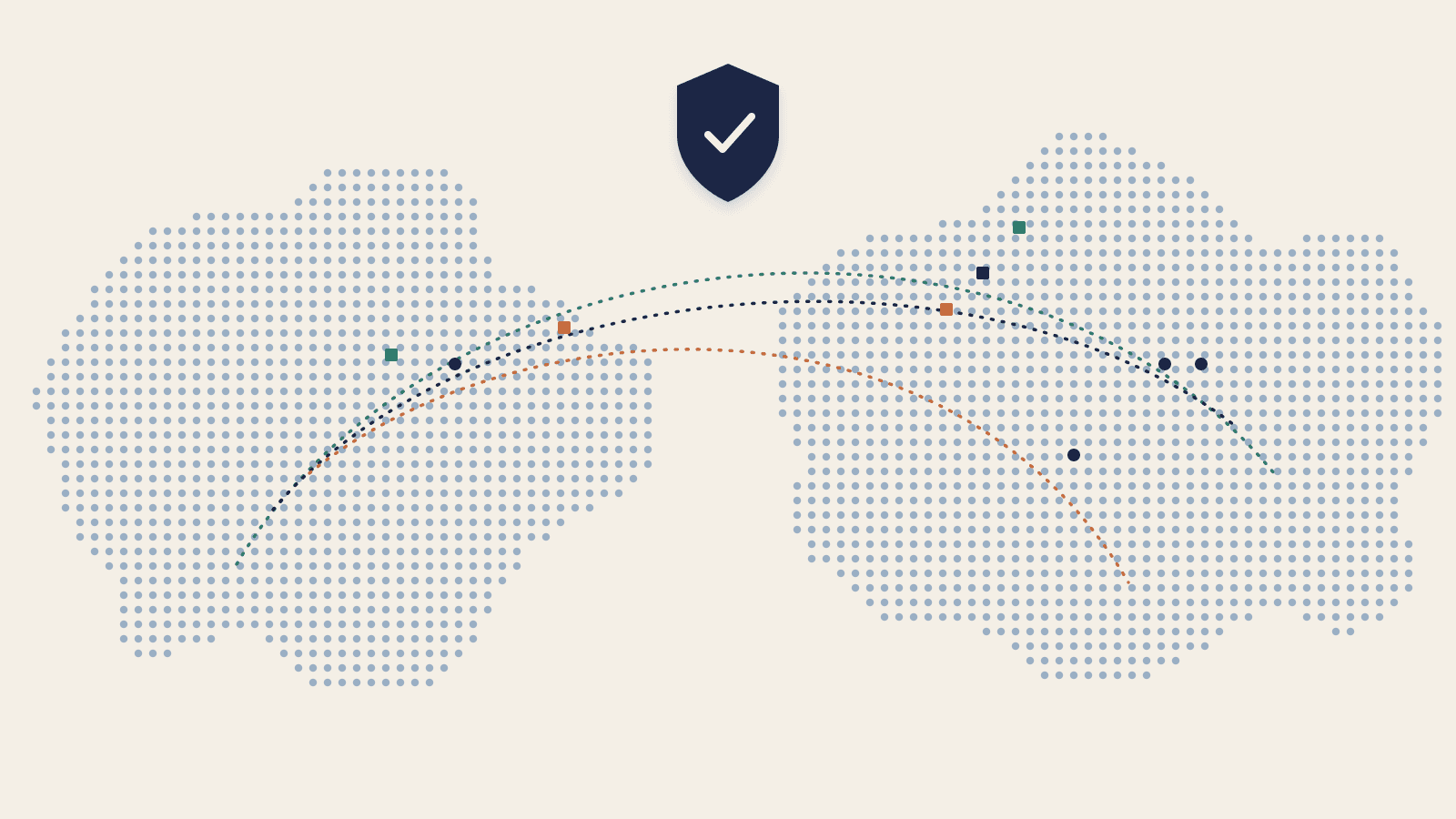 Abstract illustration of data flowing along arcs between two continents