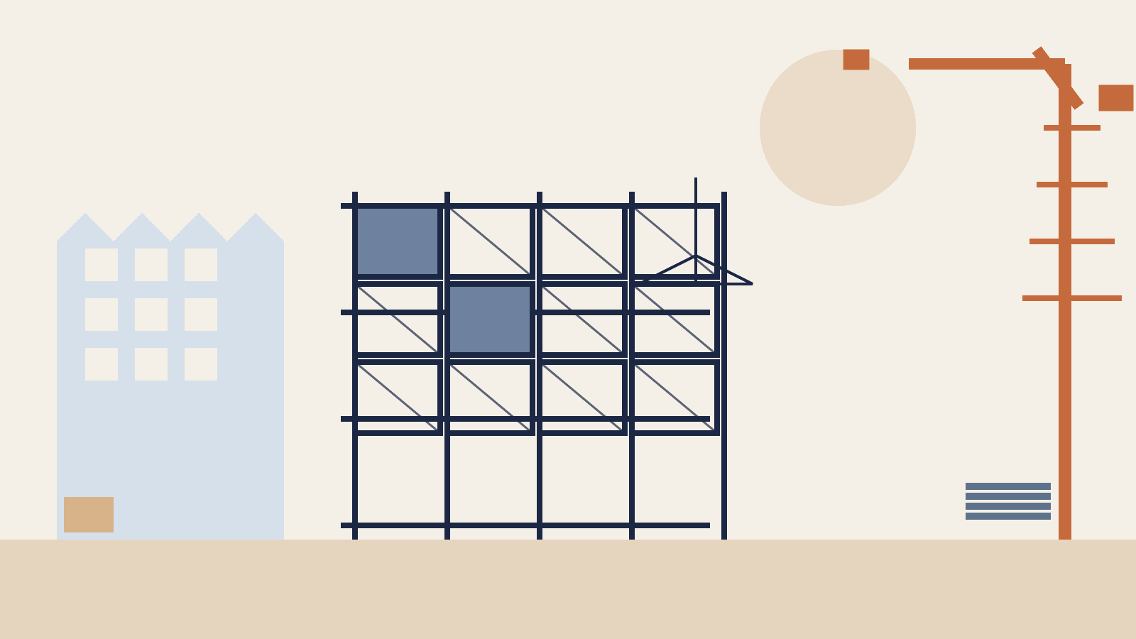 A new factory under construction, with a steel frame and a tower crane against a pale sky