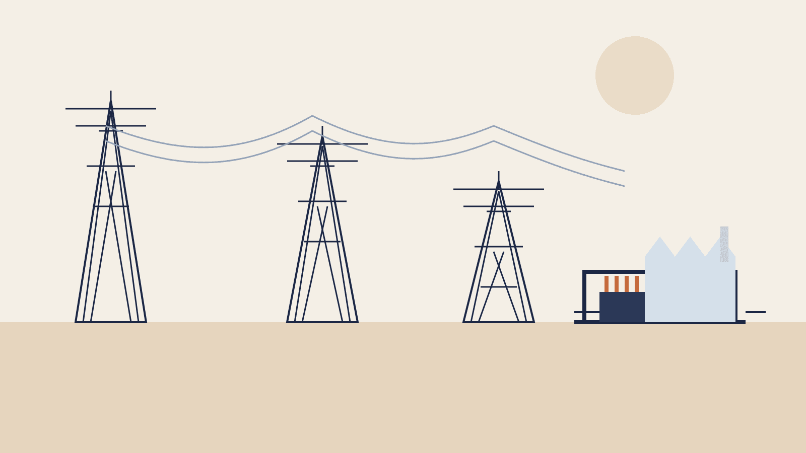 Electricity transmission towers and a substation feeding a distant industrial building